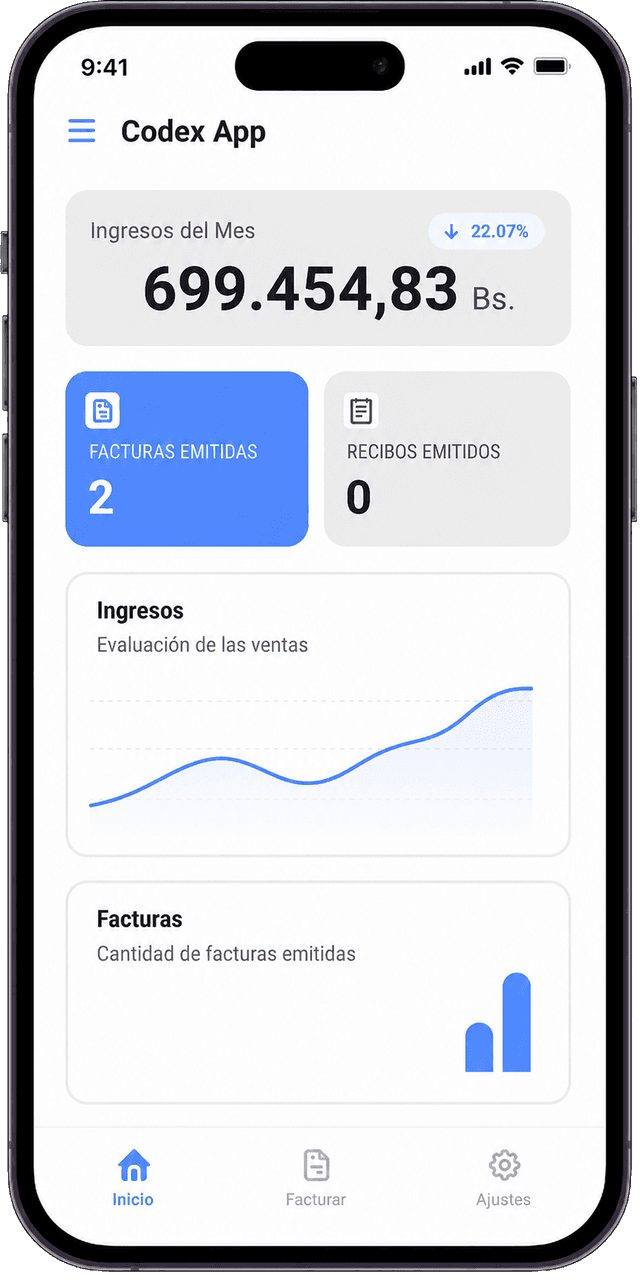 Aplicación móvil CODEX con resumen de facturas e ingresos